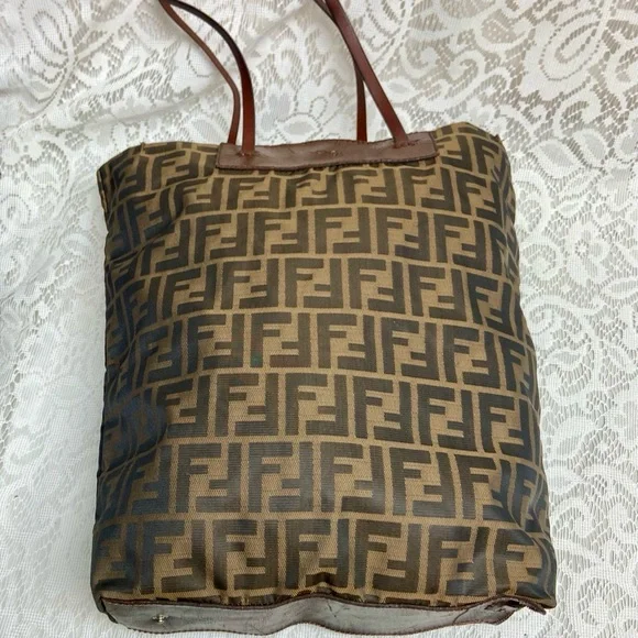 Vintage Fendi Zucca Brown Canvas Tote Hand Bag 14in x 13in x 4in - Picture 6 of 13